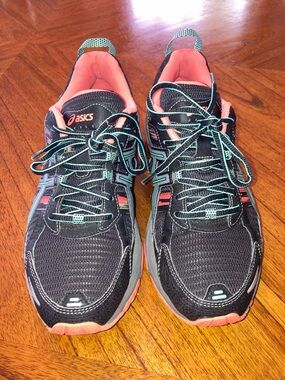 WORN ONCE!     Asics Black Running Sneakers with Coral and Teal Accents